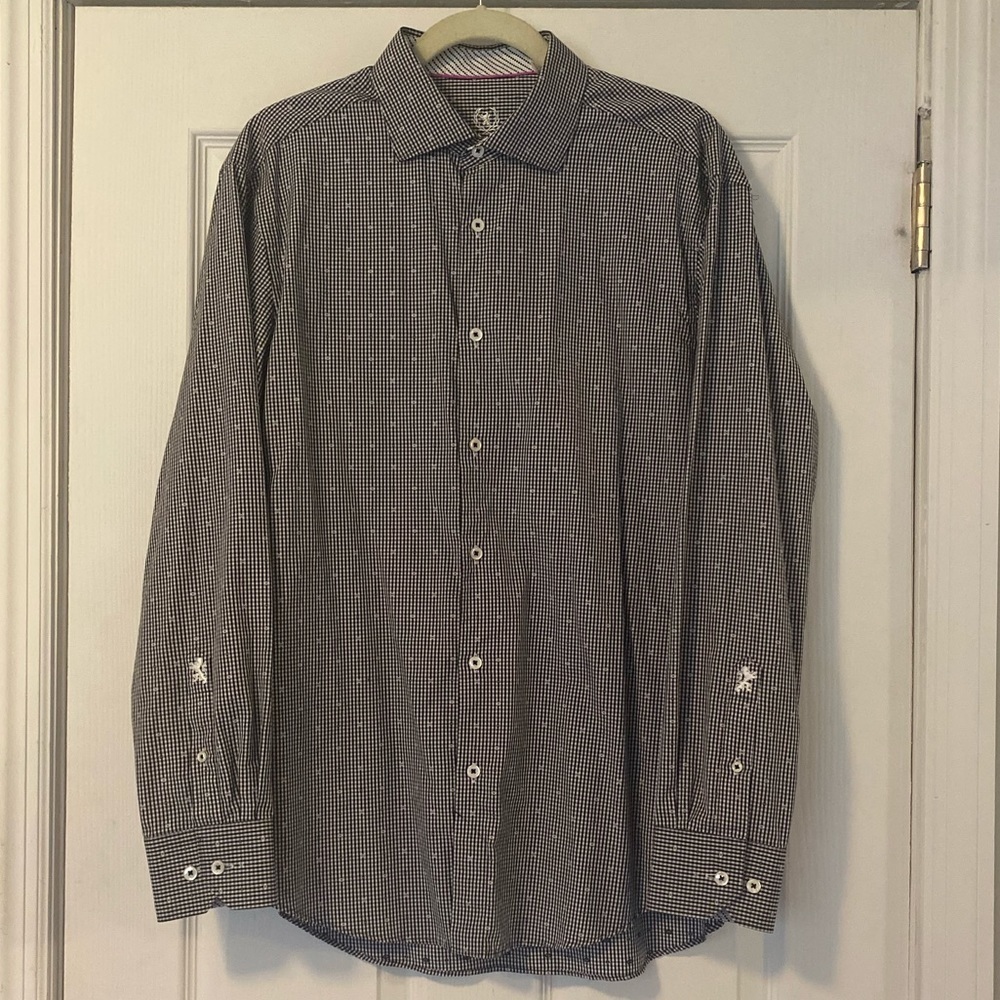 BUGATCHI Black and White Checkered Button Down Shirt